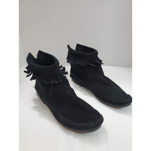 Minnetonka Women's Moccasin Size 5 Black Suede Ankle Fringe Zip Boots Leather - Picture 3 of 11